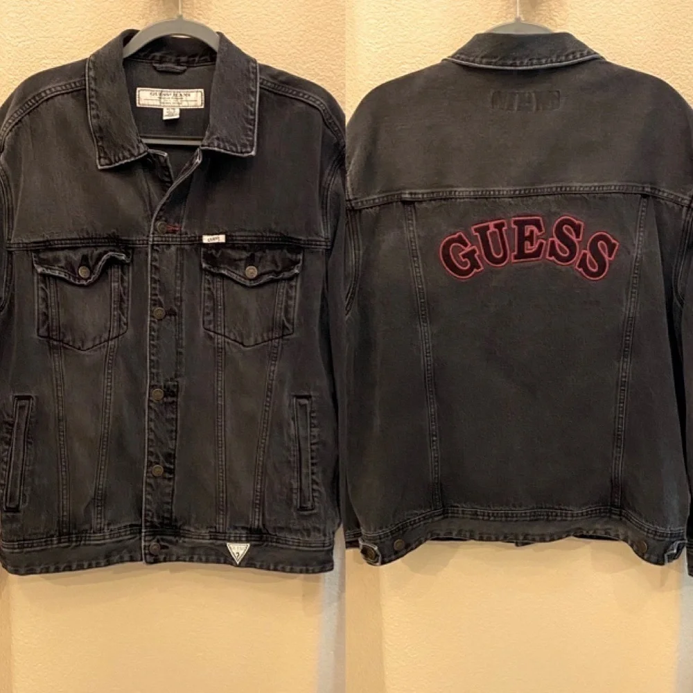 GUESS Men Gray Trucker Denim Embroidered Logo Jacket Size XL
